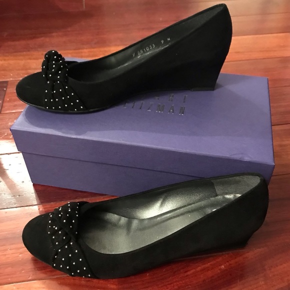 Stuart Weitzman Dotsun Black Suede Studded Knot Wedge - Picture 1 of 7